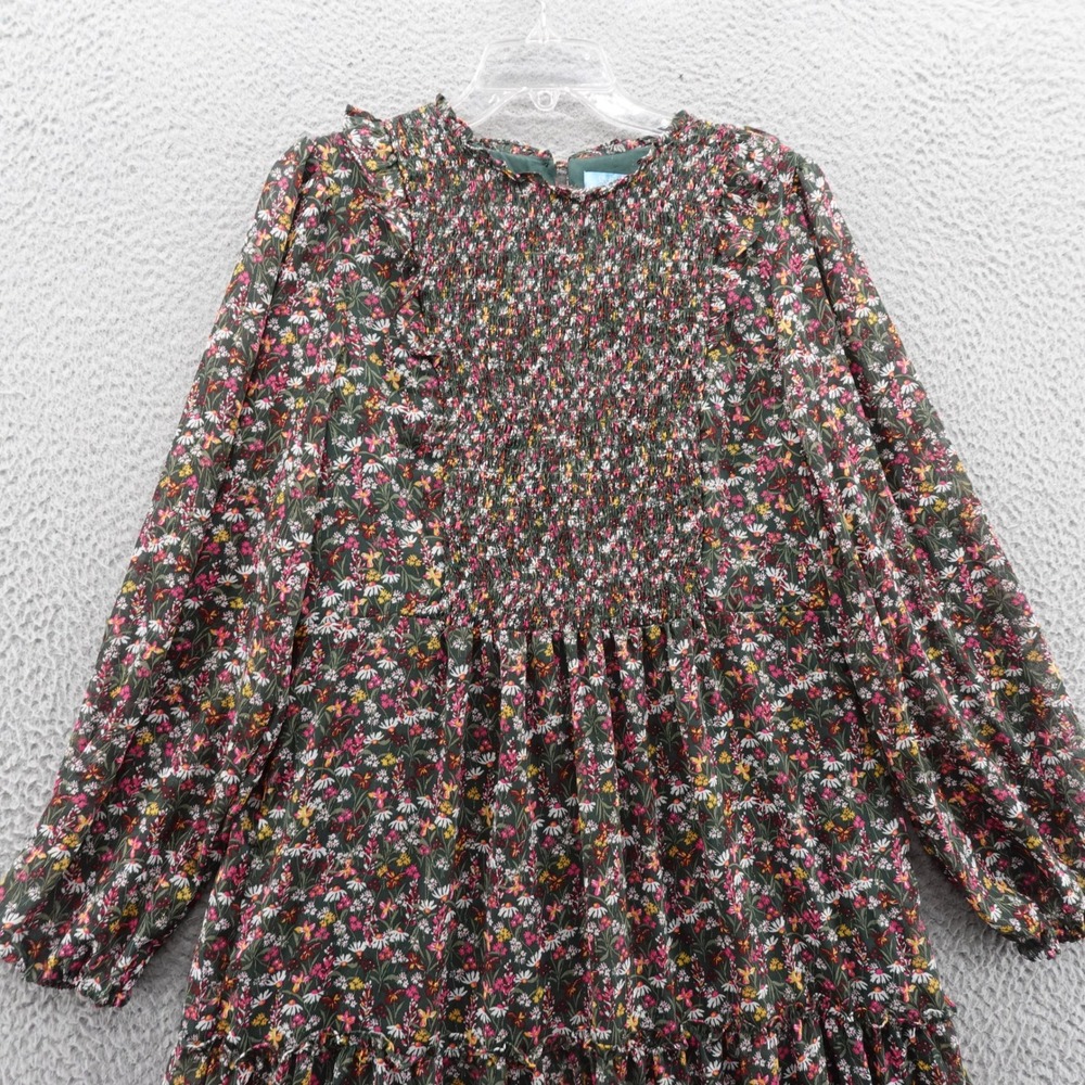 Draper James RSVP Smocked Dress Floral Midi Large Green Pink Metallic Womens - Picture 3 of 15